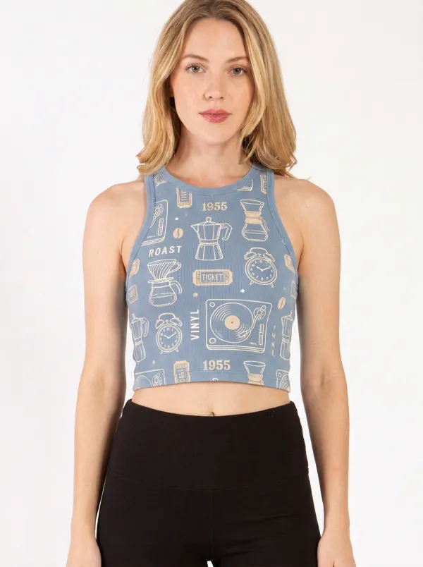 Women's Coffee Vinyl Record 1955 Pattern Printed Crop Top
