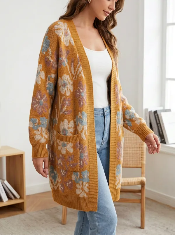 Women's Vintage Floral Pattern Knit Long Cardigan
