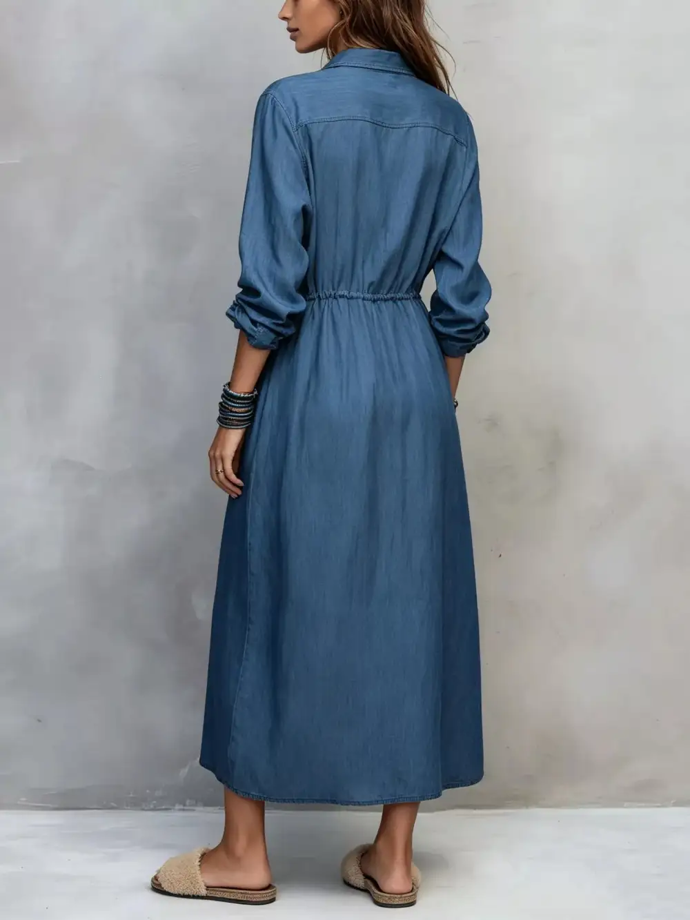 Button Front Long Sleeve Drawstring Waist Shirt Dress