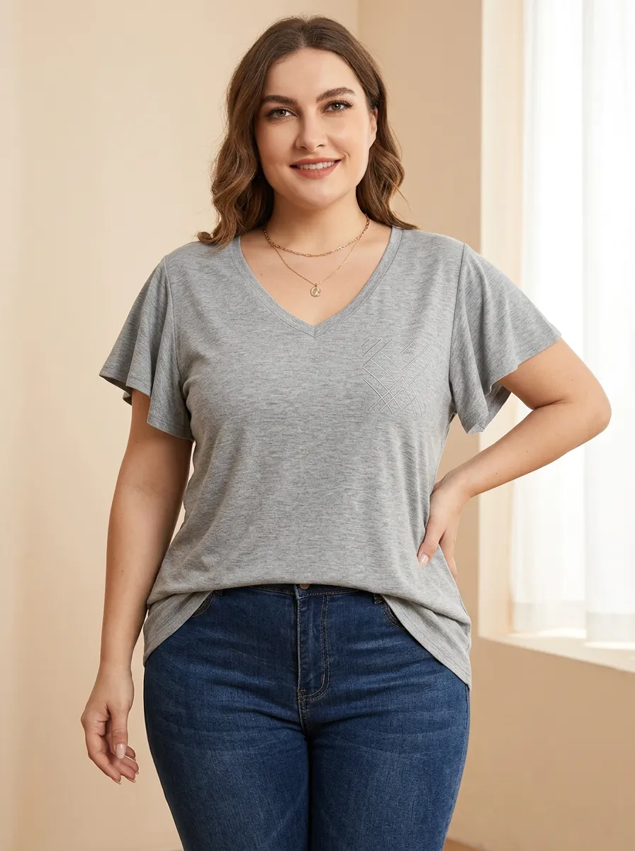 Women's Plus Size Geometric Pattern Printed V-neck Flutter Sleeve T-shirt