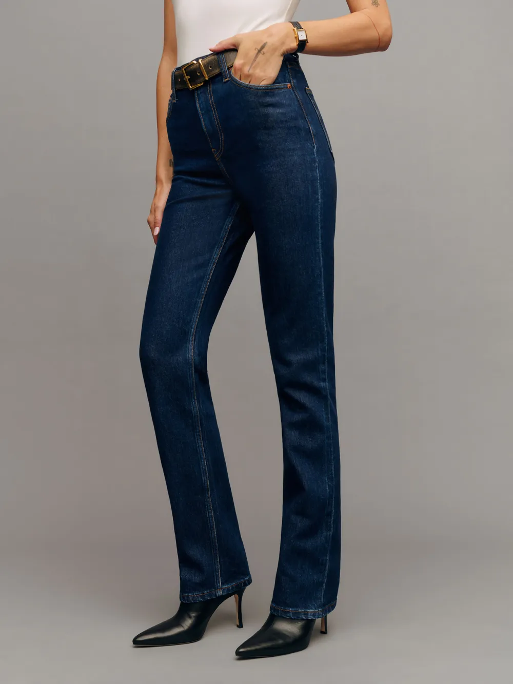 Stretch High Rise Straight Leg Jeans