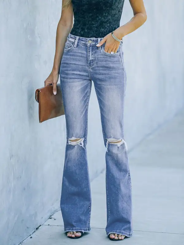 High Waist Flare Leg Ripped Denim Jeans