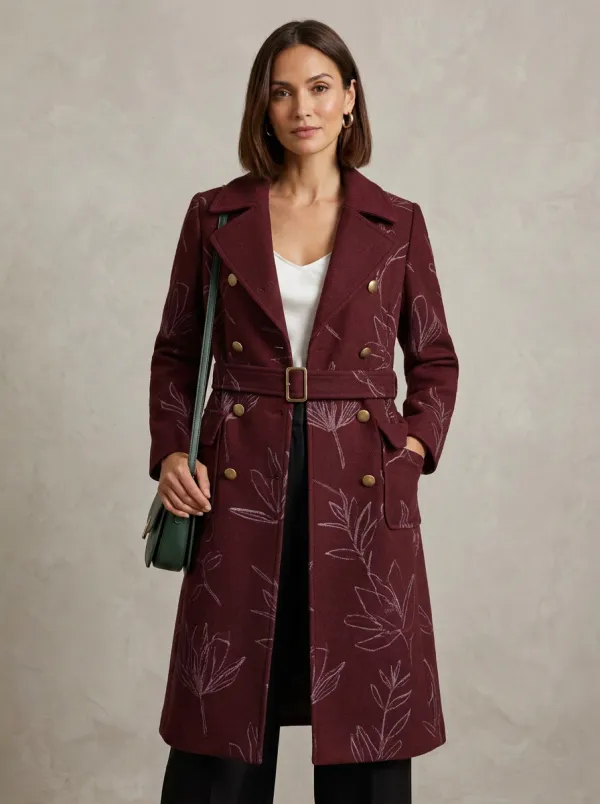 Women's Navy Blue Botanical Leaf Printed Trench Coat