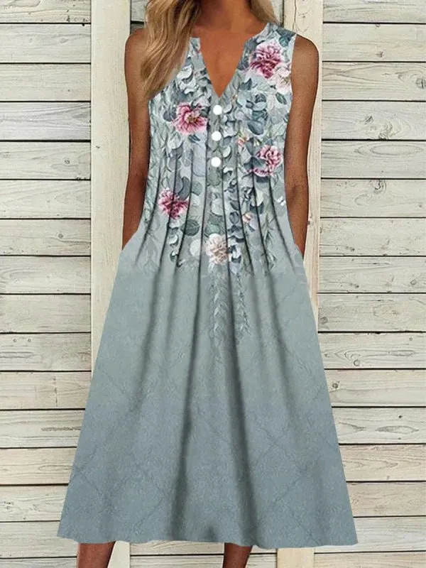 Women's Dresses Printed V-Neck Pocket Sleeveless Dress