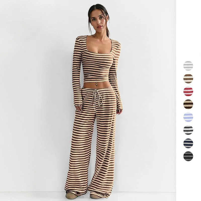 Women's Slouchy Square Neck Stripe Long Sleeve Crop Top & Low-Rise Wide Leg Trousers Co-ord