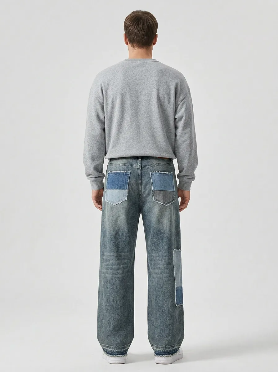 Men's Loose Fit Jeans with Wide Leg Patchwork Washed Finish Vintage-Inspired