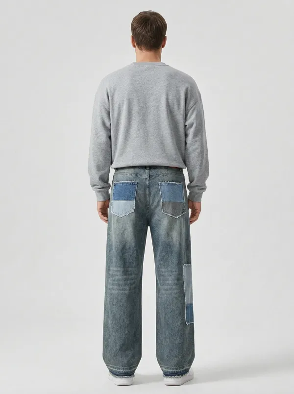 Men's Loose Fit Jeans with Wide Leg Patchwork Washed Finish Vintage-Inspired
