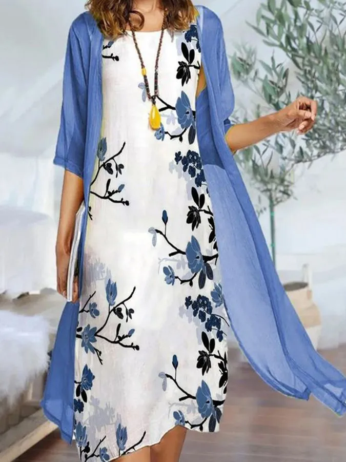 Fashion Floral Print Two Piece Dress