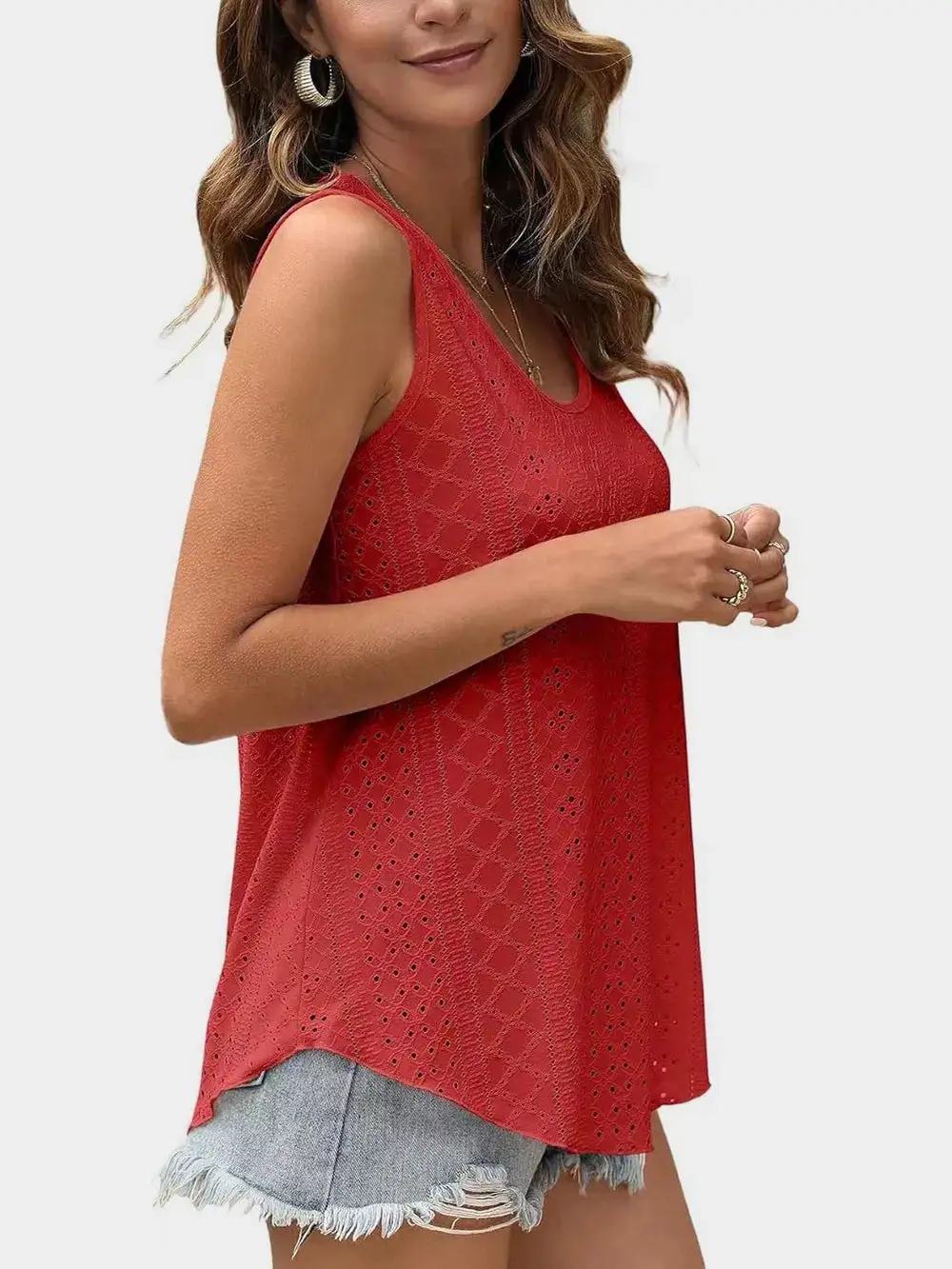 Eyelet Round Neck Tank With Sheer Detail