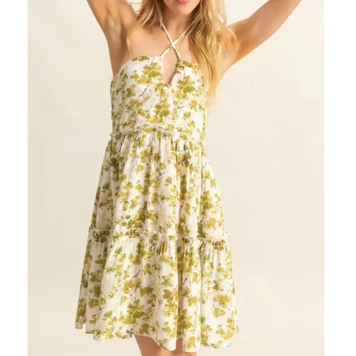 Print Halter Neck Tiered Mini Dress
