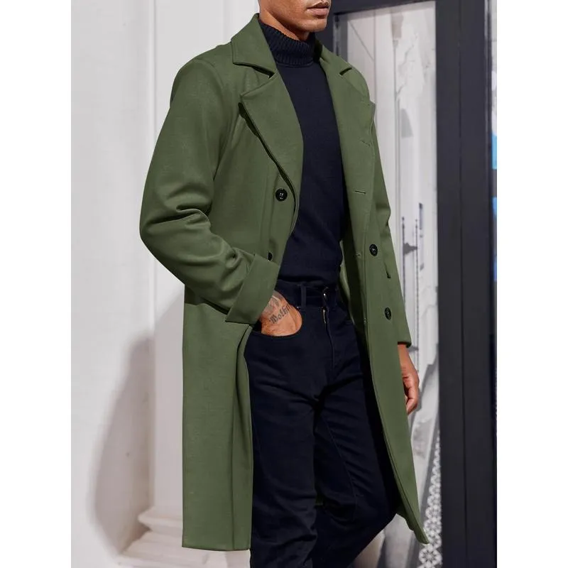 Men's Notch Lapel Double Breasted Long Trench Coat Casual Cotton Blend Peacoat