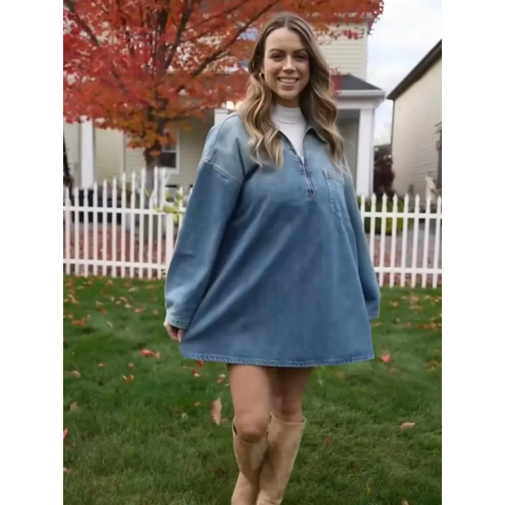 🔥 Loose Fit Denim Dress 👖 Vintage Blue Half-Zip | BF Fall Daily Must-Have 💰