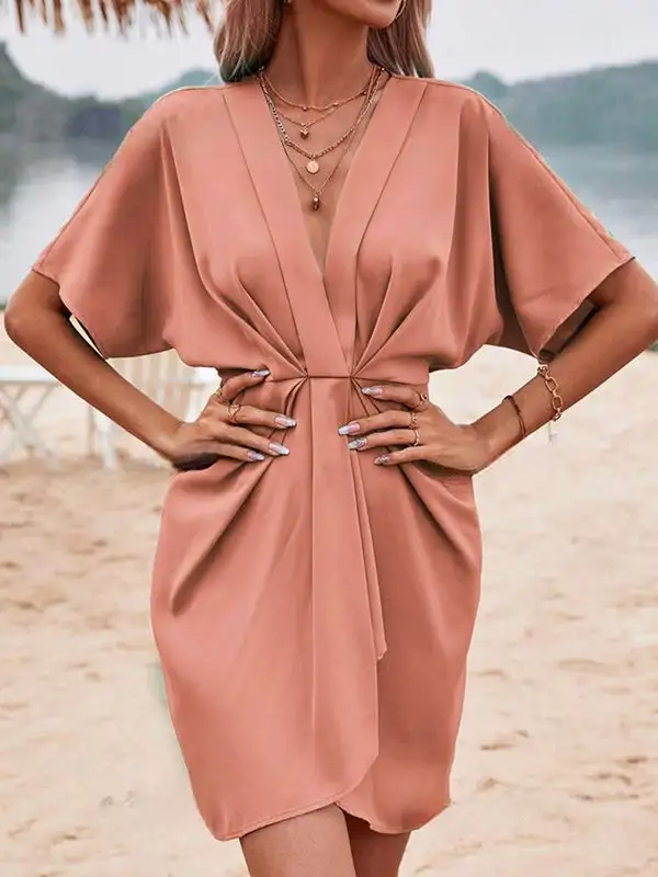 Relaxed Raglan Sleeve Pleated Solid Color Split Joint Deep V Neck