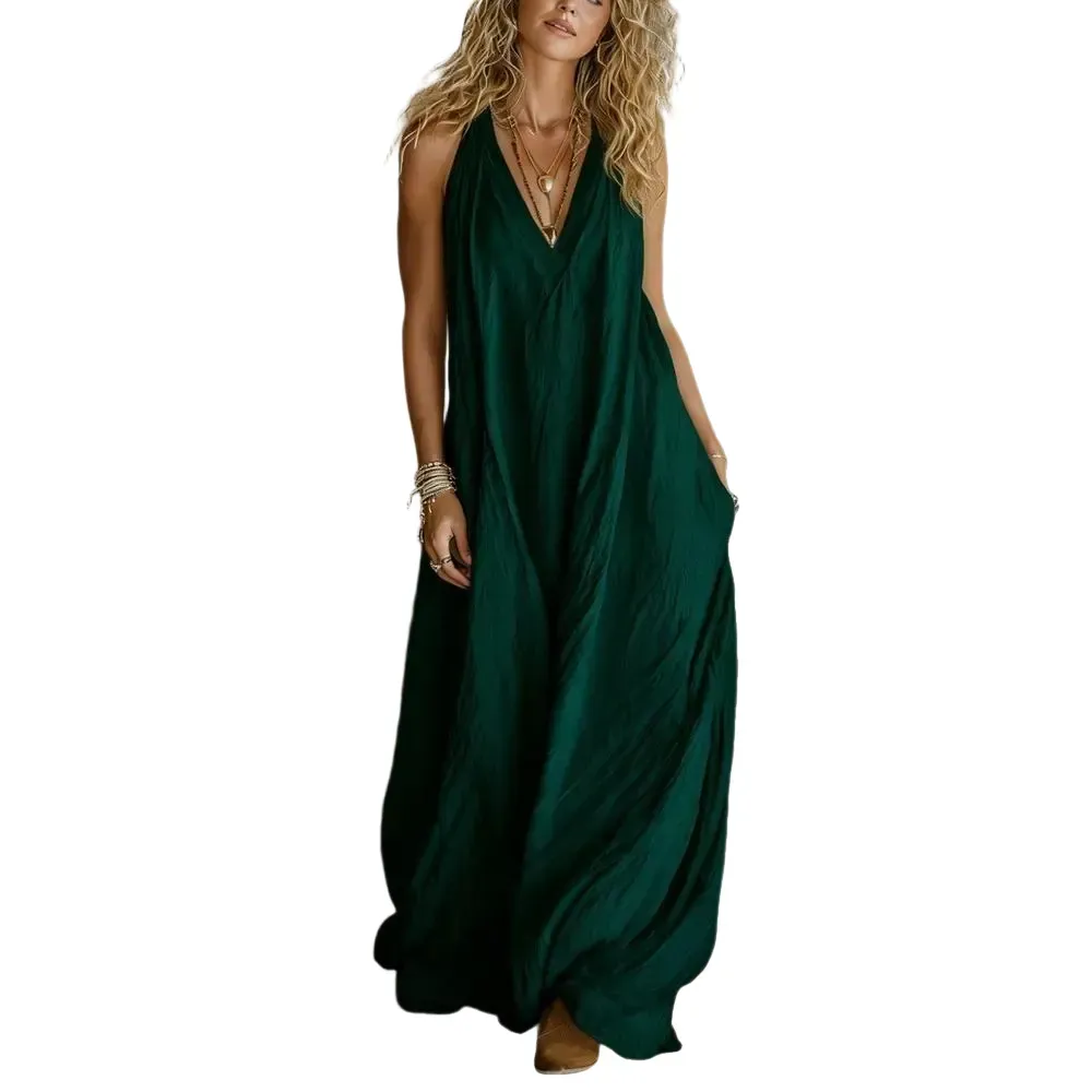 Women's Casual Boho Breeze Halter Maxi Jumpsuit