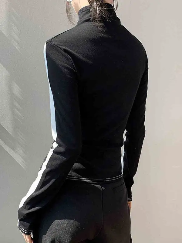 Long Sleeve Slim Fit Contrast Panel Detail High Neck Everyday T-Shirt