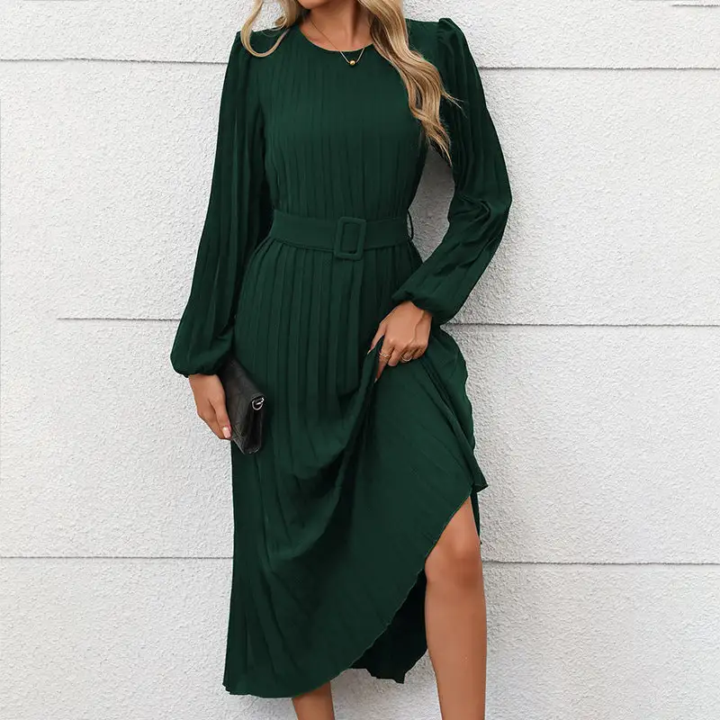 Women's Long-Sleeve Pleated Midi Dress