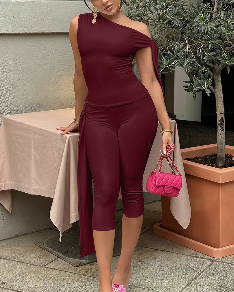 Asymmetrical Drape Top and Capri Leggings Two-Piece Set