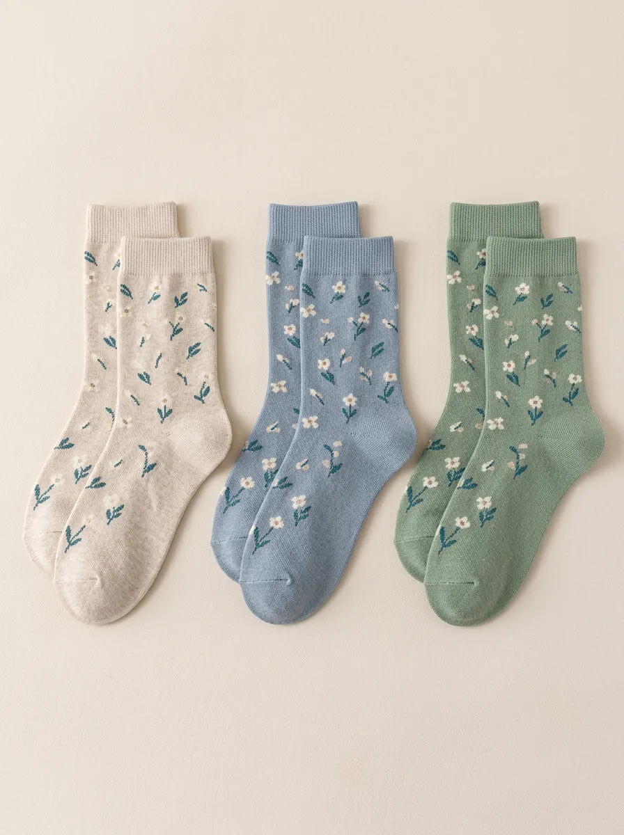 Women's Classic Floral Ribbed Crew Socks Three Pair Set