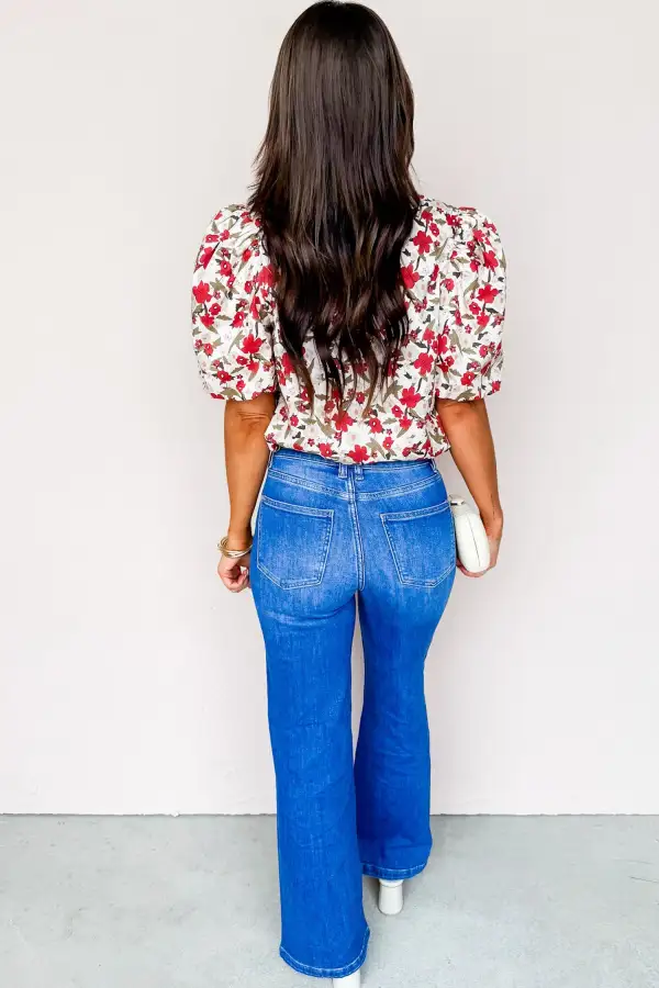 Floral Puff Sleeve Buttoned Blouse