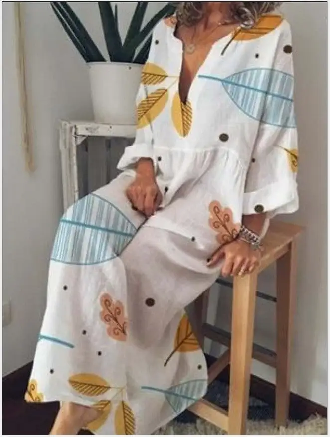 V-neck print loose long sleeve long dress for women