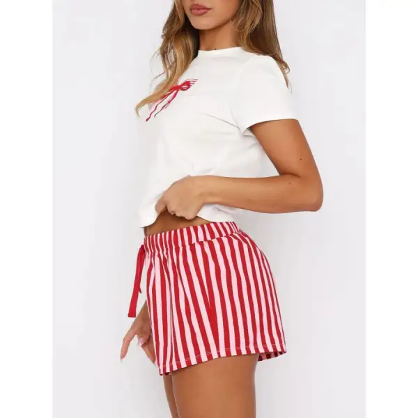 Printed Round Neck Short Sleeve Top and Drawstring Shorts Set