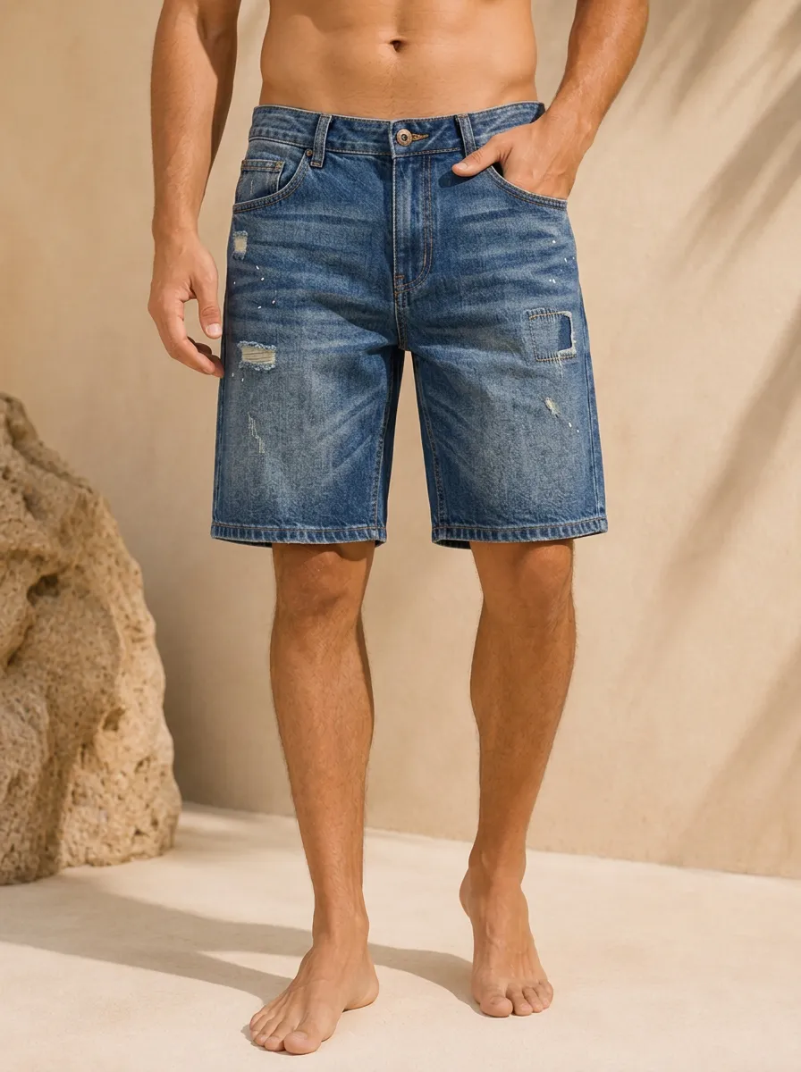 Men's Casual Distressed Paint Splatter Denim Shorts