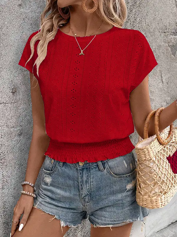 Relaxed Raglan Sleeve Elasticity Cutout Jacquard Round Neck T-Shirt