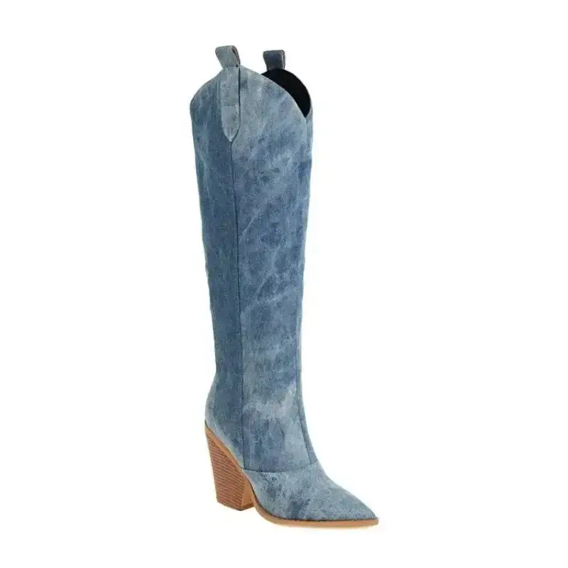 Denim Plush-Lined Cowboy Knee-High Boots