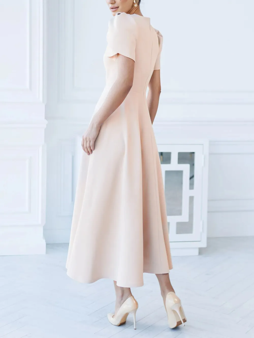 Elegant High Neck Bud Sleeve Midi Dress