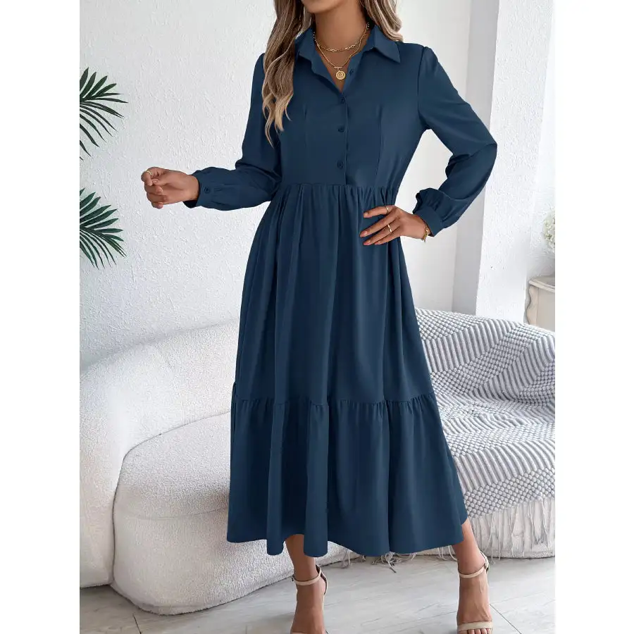 Long Sleeve Tiered Button Front Midi Dress