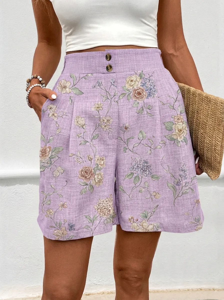Women's Vintage Floral Botanical Printed High Waisted Shorts