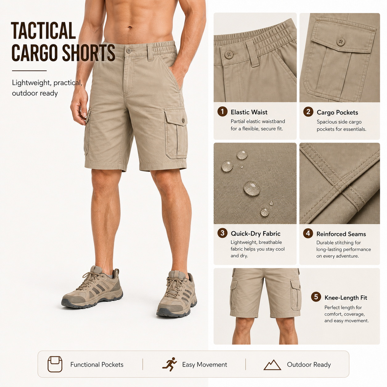 Men's Summer Tactical Outdoor Cargo Shorts product detail breakdown
