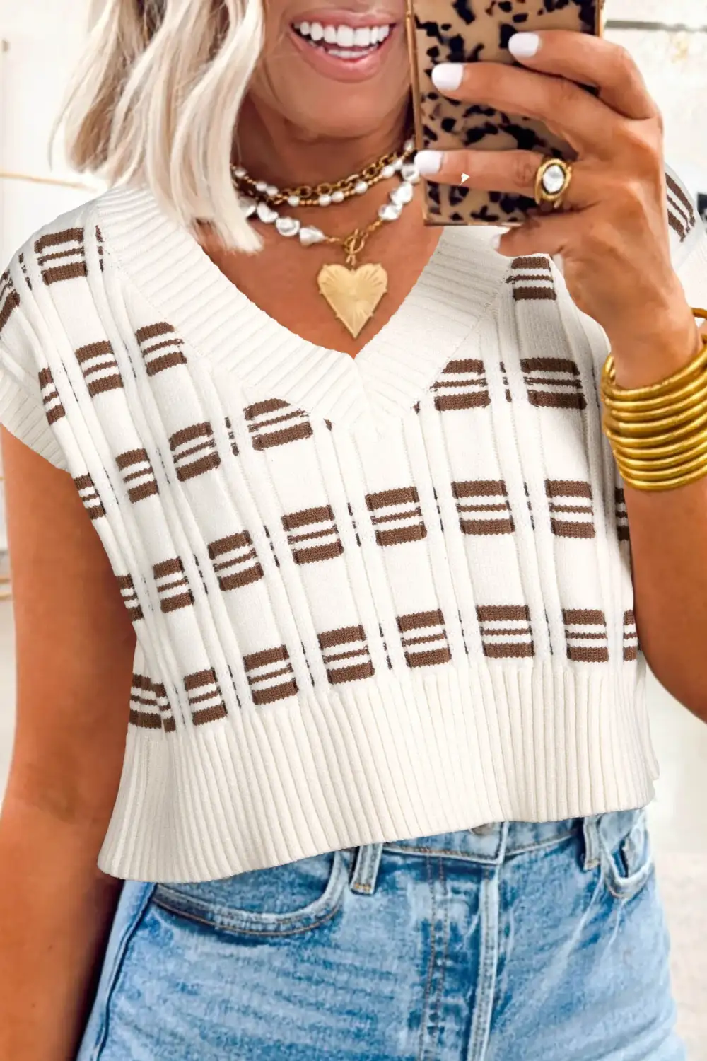 Contrast Geometric Textured Knit V-Neck Cropped Sweater Vest