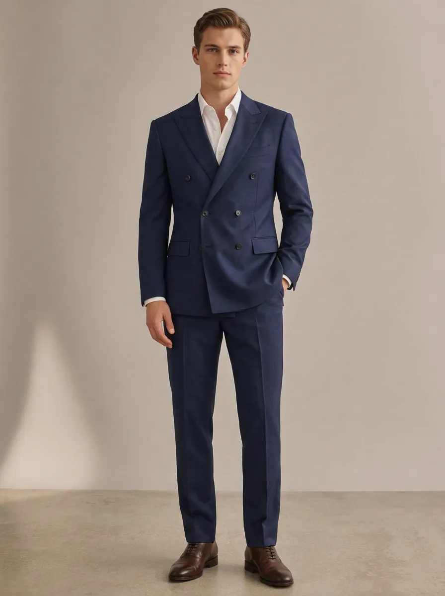Men's Business Formal Navy Blue Double-Breasted Suit Set