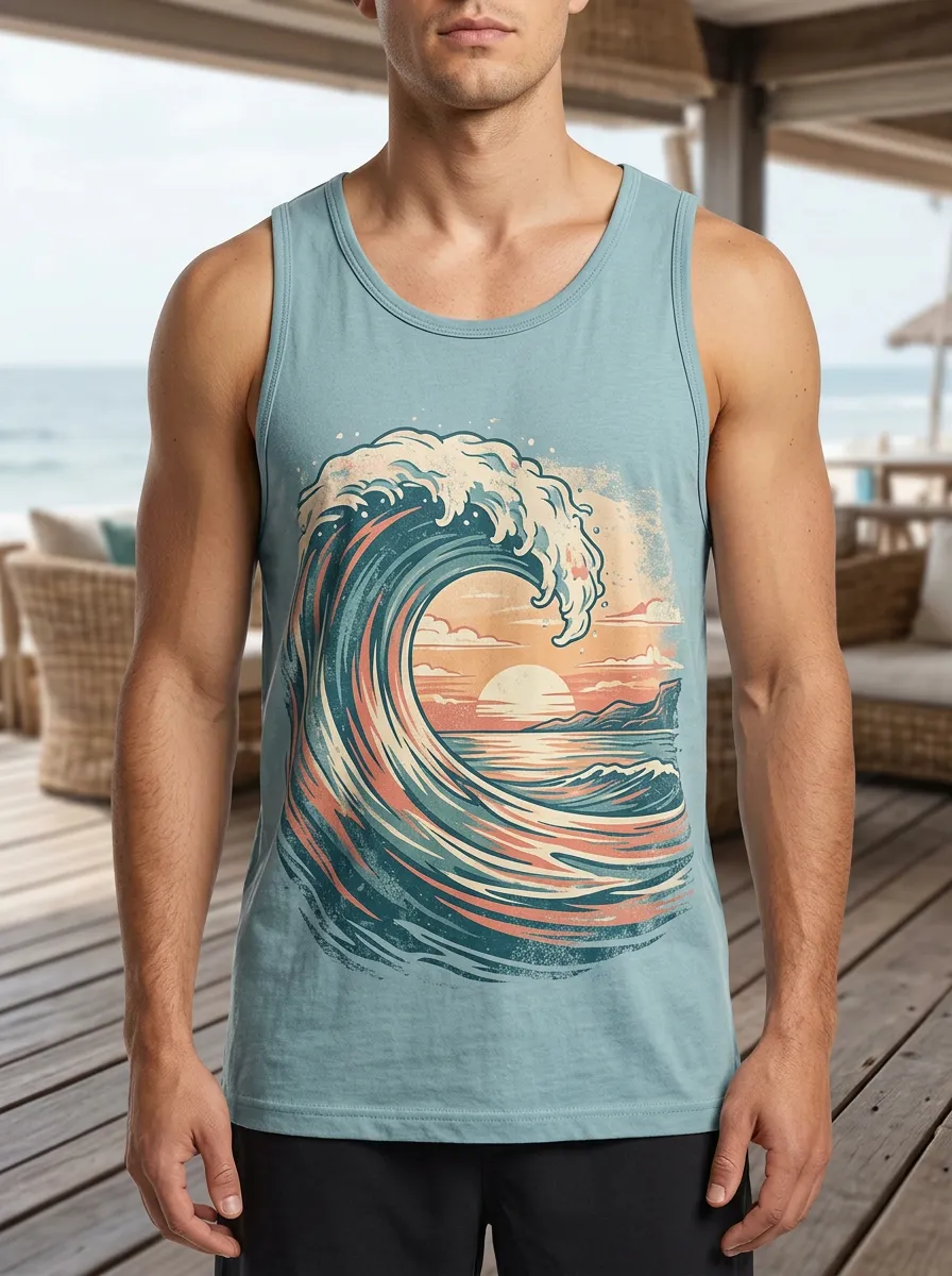Men's Surfing Ocean Sunset Wave Tank Top