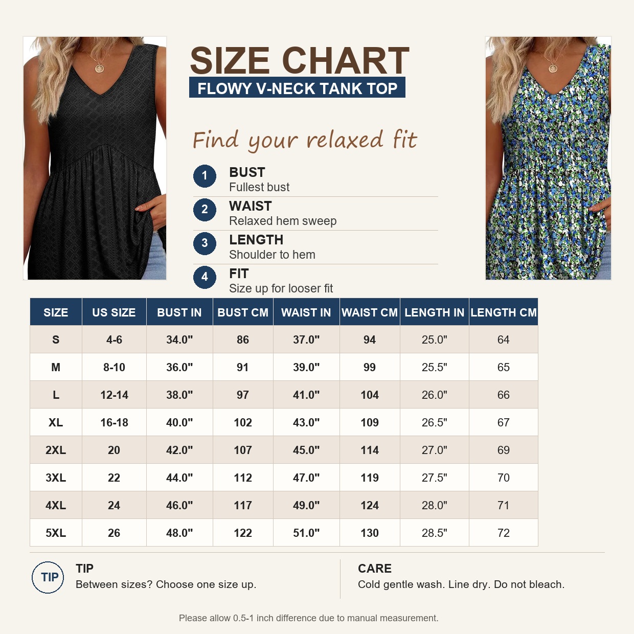 US size chart S to 5XL for flowy V-neck tank top