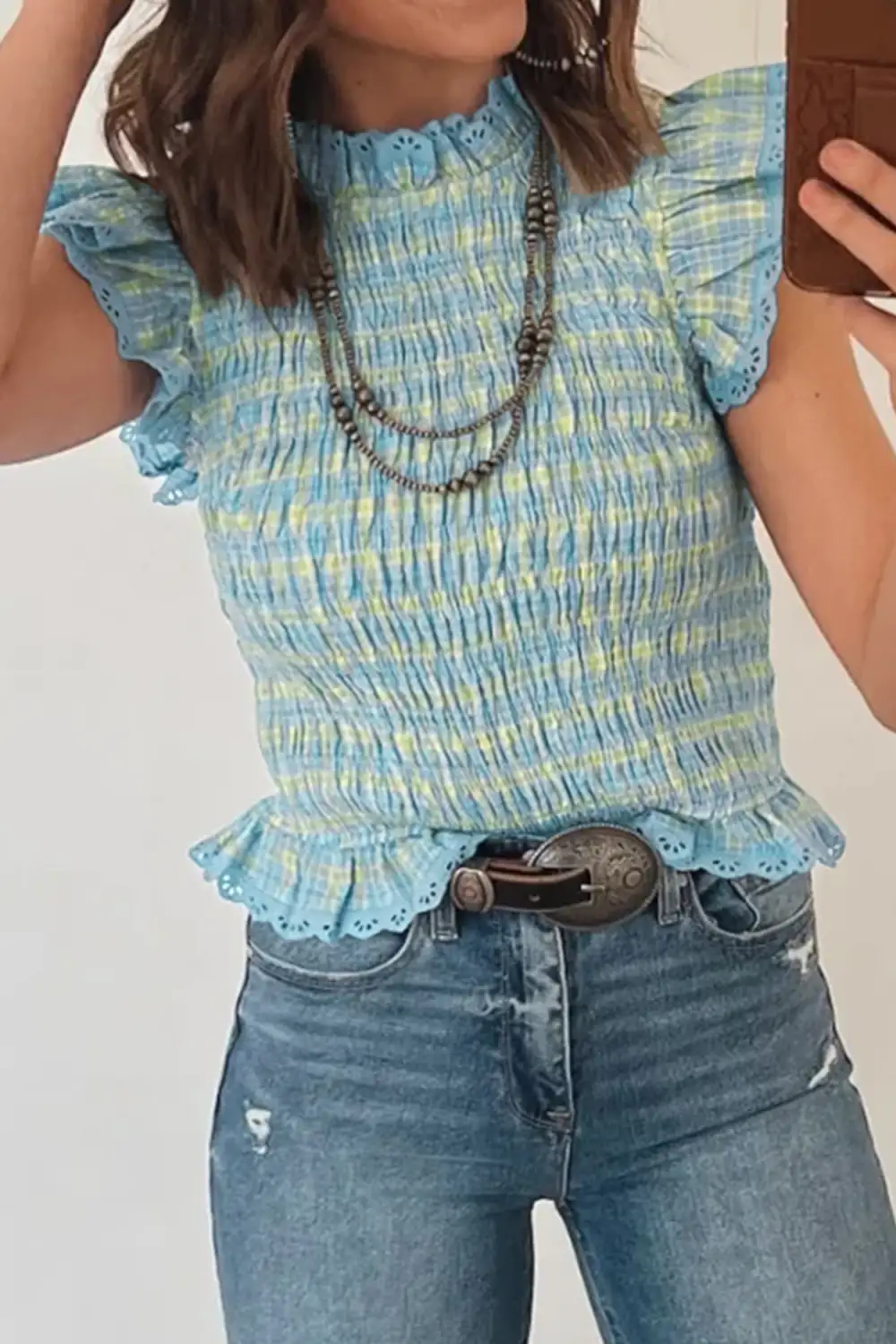 Round-Neck Eyelet-Lace Lace-Trim Eyelet Tank Top