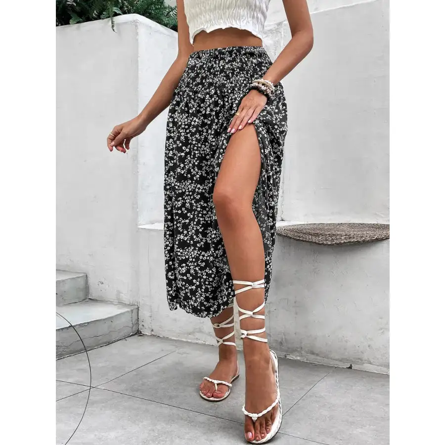 Slit Smocked Printed Skirt