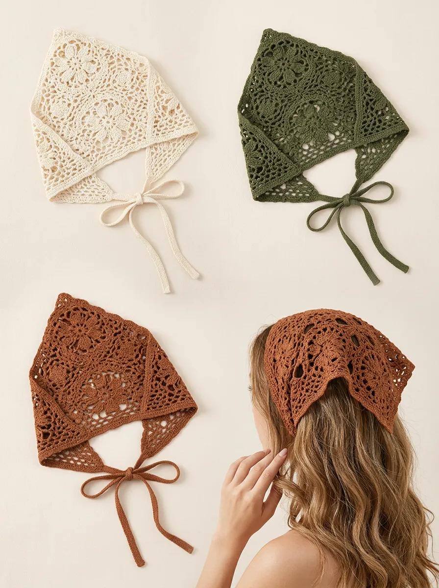 Classic Floral Crochet Three-Piece Bandana Headscarf Set