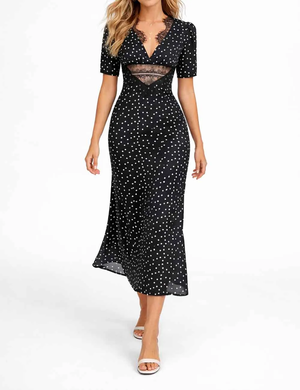Chic Polka Dot Lace Trim V Neck Short Sleeves Maxi Dress