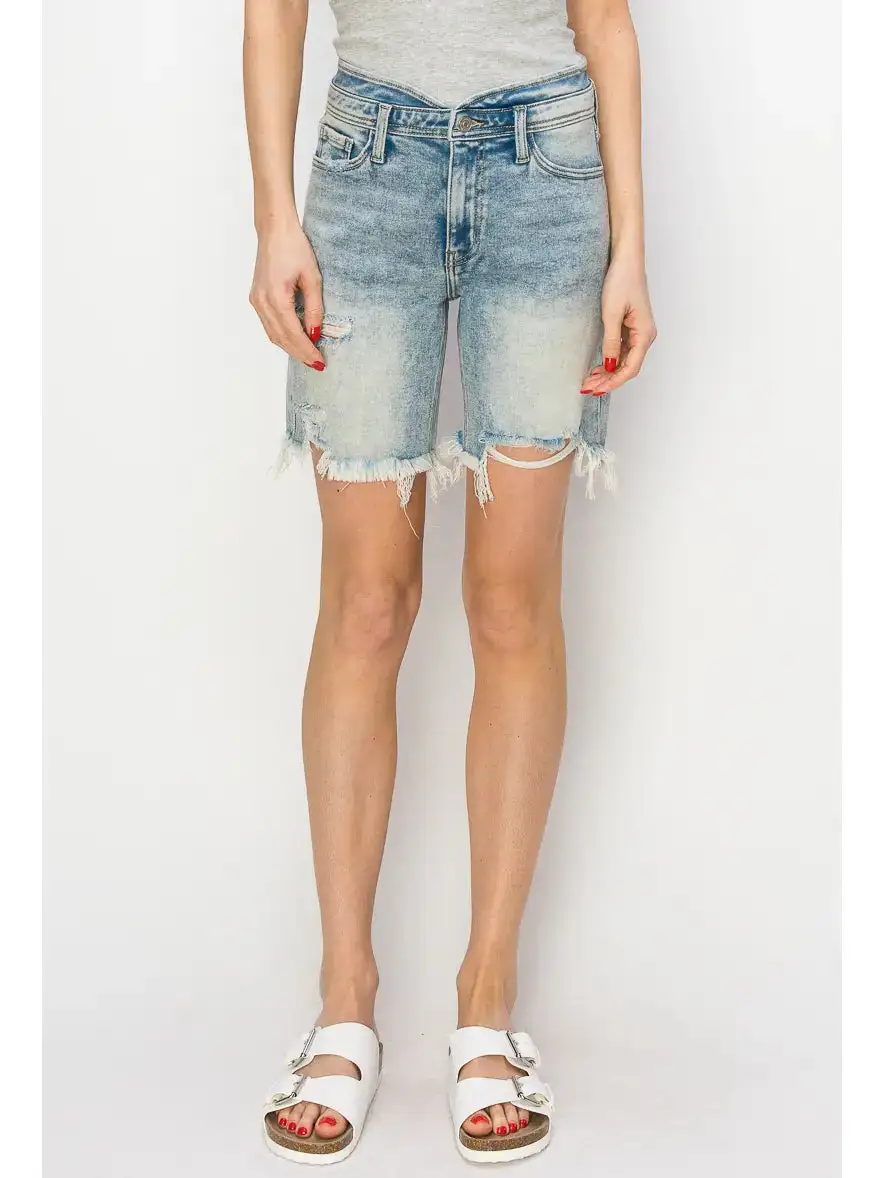 Active High Rise Frayed Hem Stretch Denim Shorts