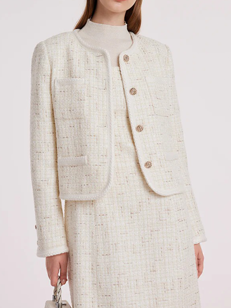 White Knitted Tweed Crop Jacket