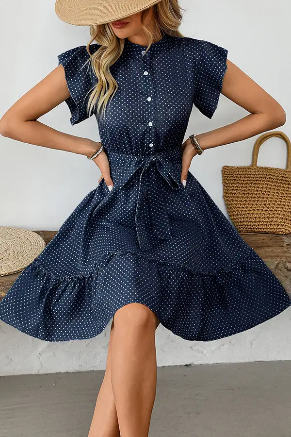 High Waist Dots Print Tie Waist Casual Dress