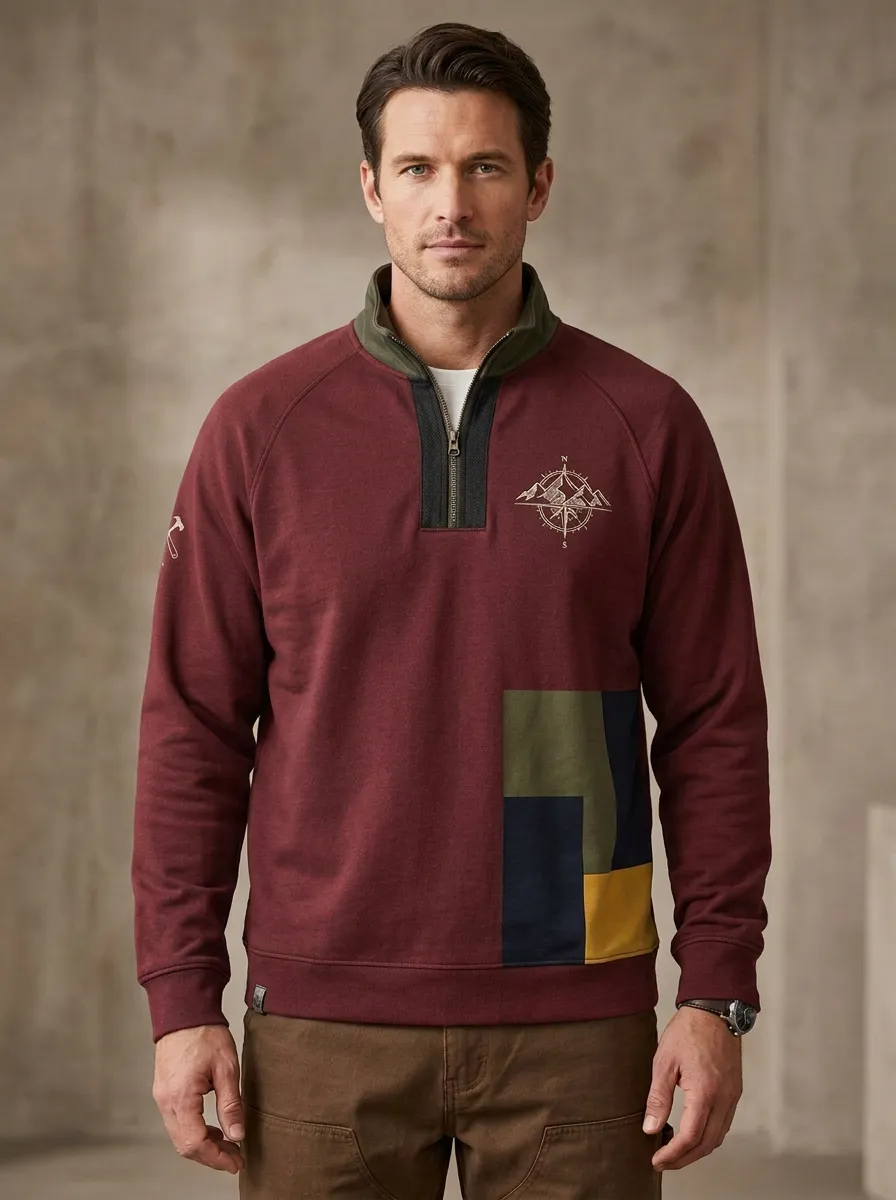 Men's Trail Outdoor Mountain Compass Graphic Zip-Neck Sweatshirt