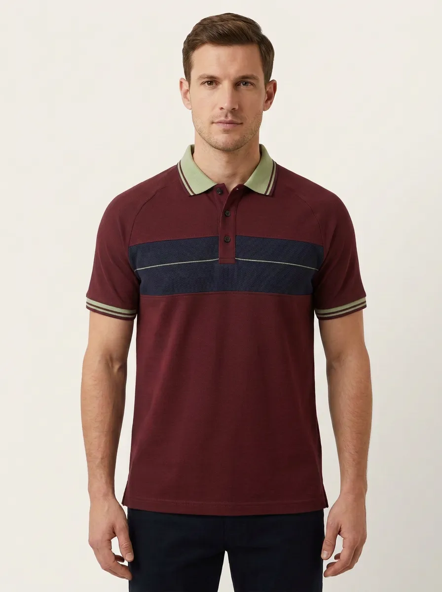 Men's Casual Colorblock Contrast Trim Printed Polo Shirt