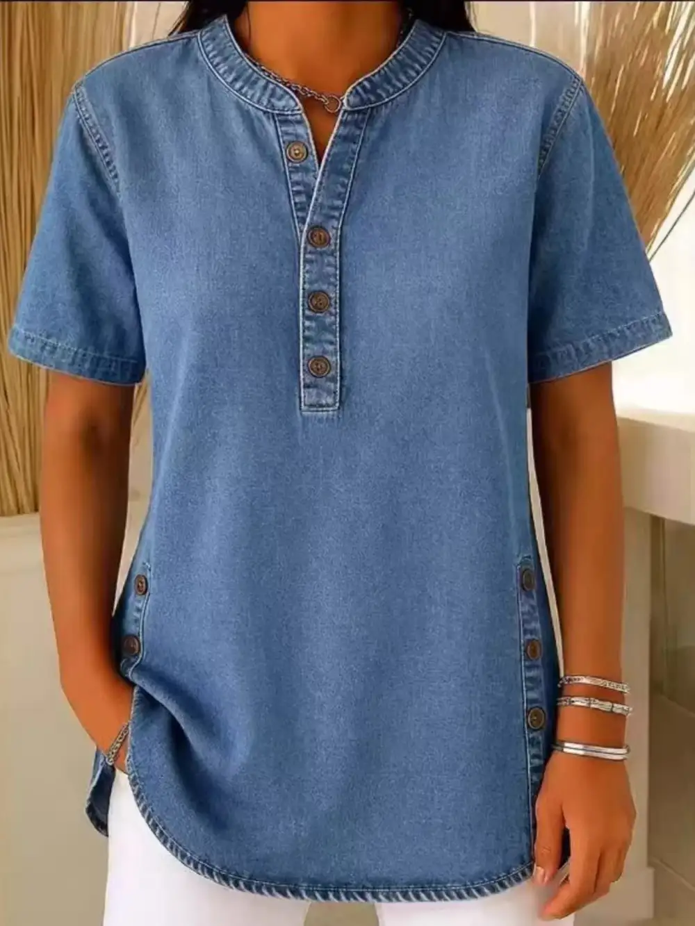 Button Detail Short Sleeve Blouse Plus