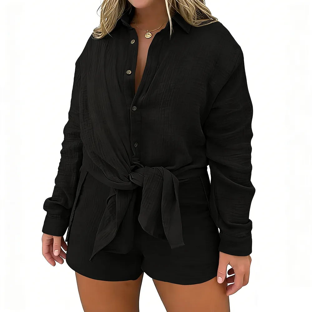 Women 2 Piece Outfits Long Sleeve Blouse and Shorts Sets