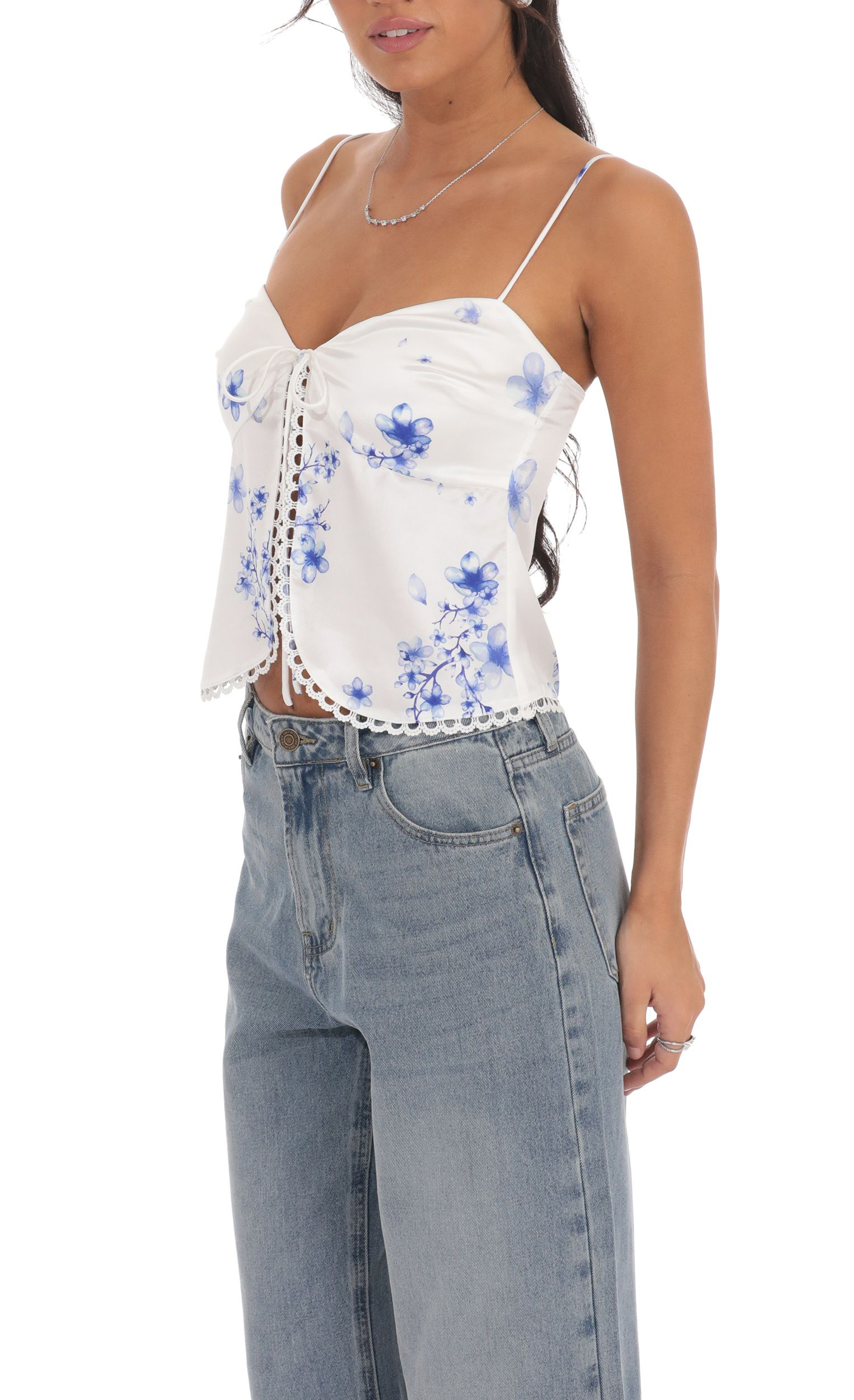 Floral Front Tie Vest Top in White