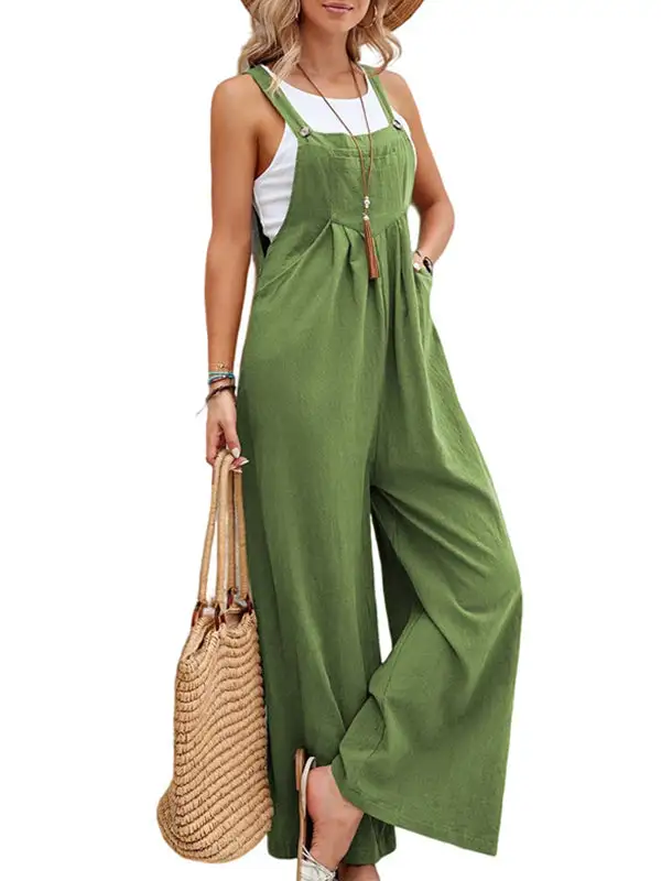 Loose Pleated Split-Joint Spaghetti-Neck Overalls