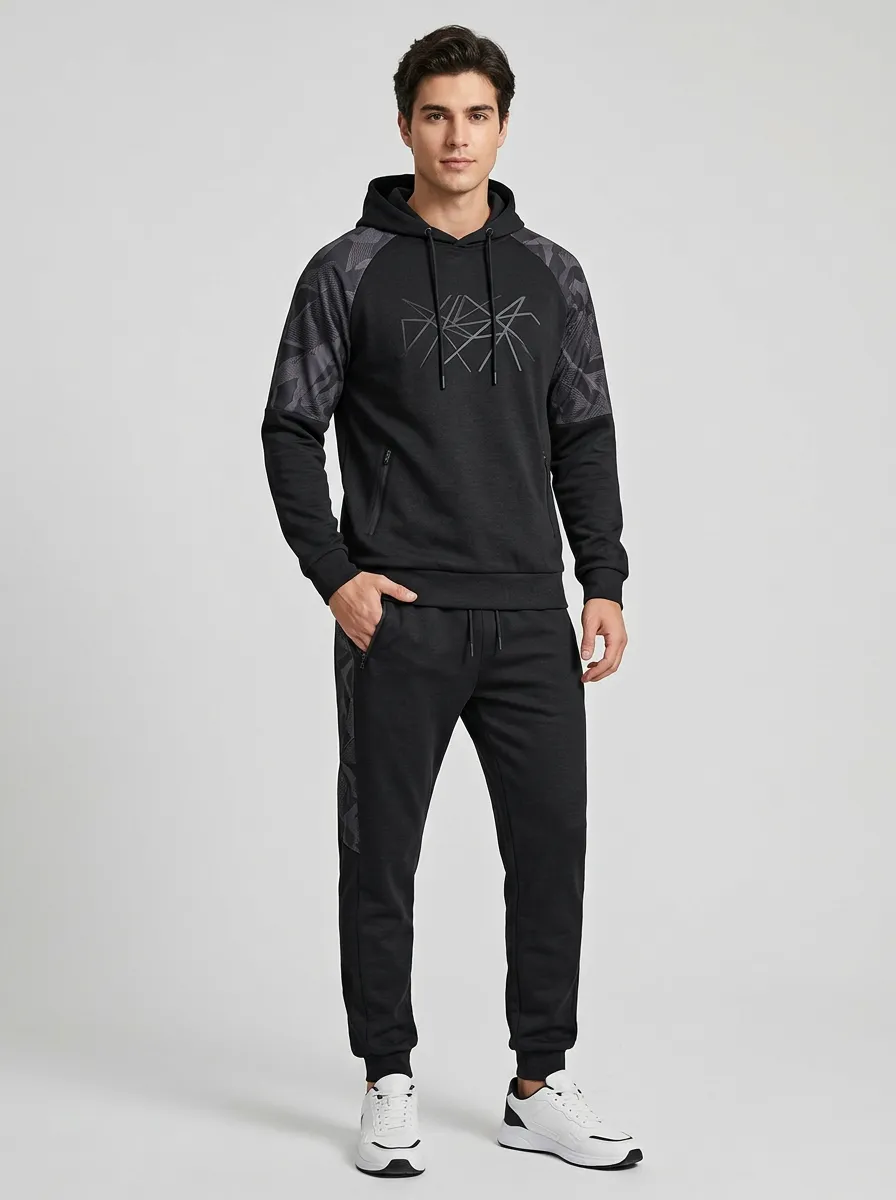 Men's Black Geometric Print Contrast Hoodie and Jogger Set